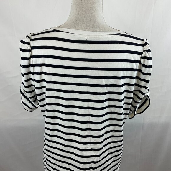 Kate Spade Top L White Black Stripe Short Ruched Sleeve - Picture 9 of 11